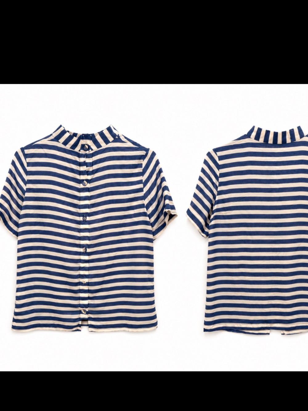 Banana Republic Blue White Striped Mock Neck Rayon Blouse XS Button Back
